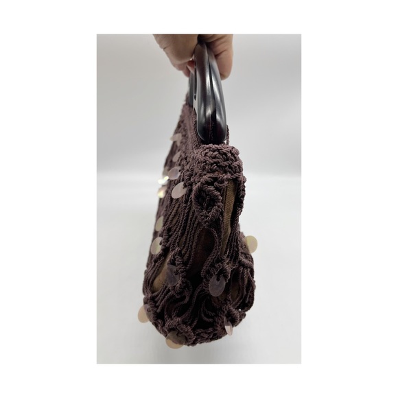 DV Collection Bag Purse Macramé Brown Pailletten Top Zip Wood Handle. - Picture 2 of 5
